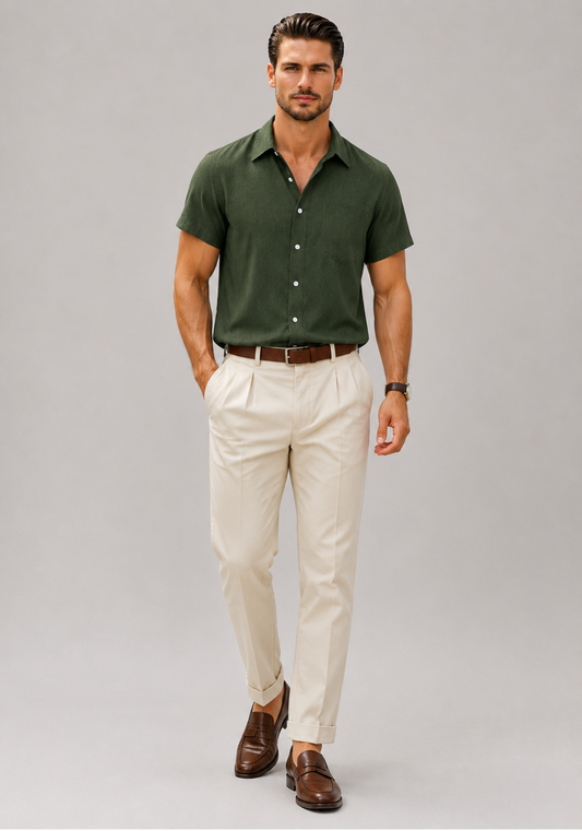 Camisa de Lino de Manga Corta en Color Verde Oliva para Hombre